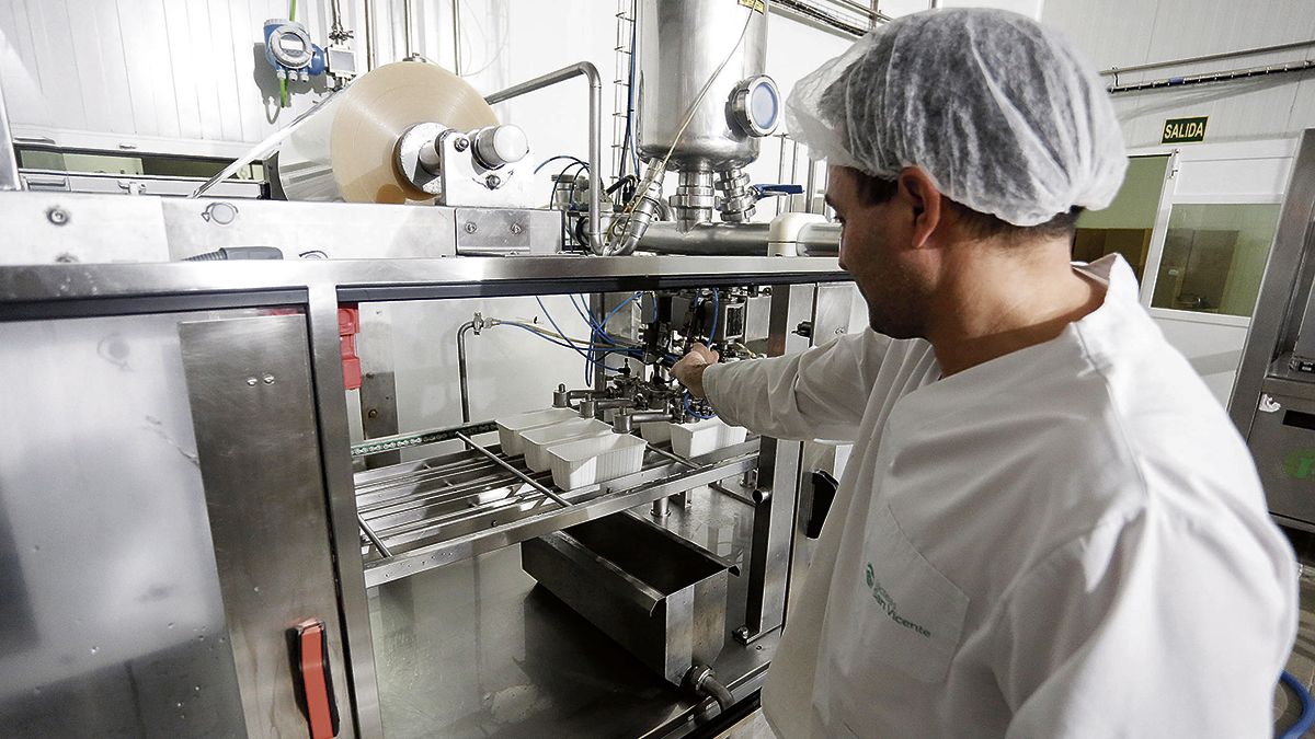 Un operario en el envasado de queso en una industria de León. | ICAL