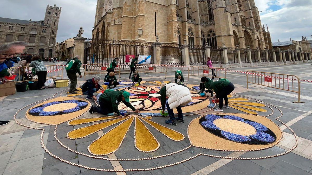 La Asociación de Alfombristas do Corpus Christi de Ponteareas (Pontevedra) trabajando en la alfombra floral. | SAÚL ARÉN