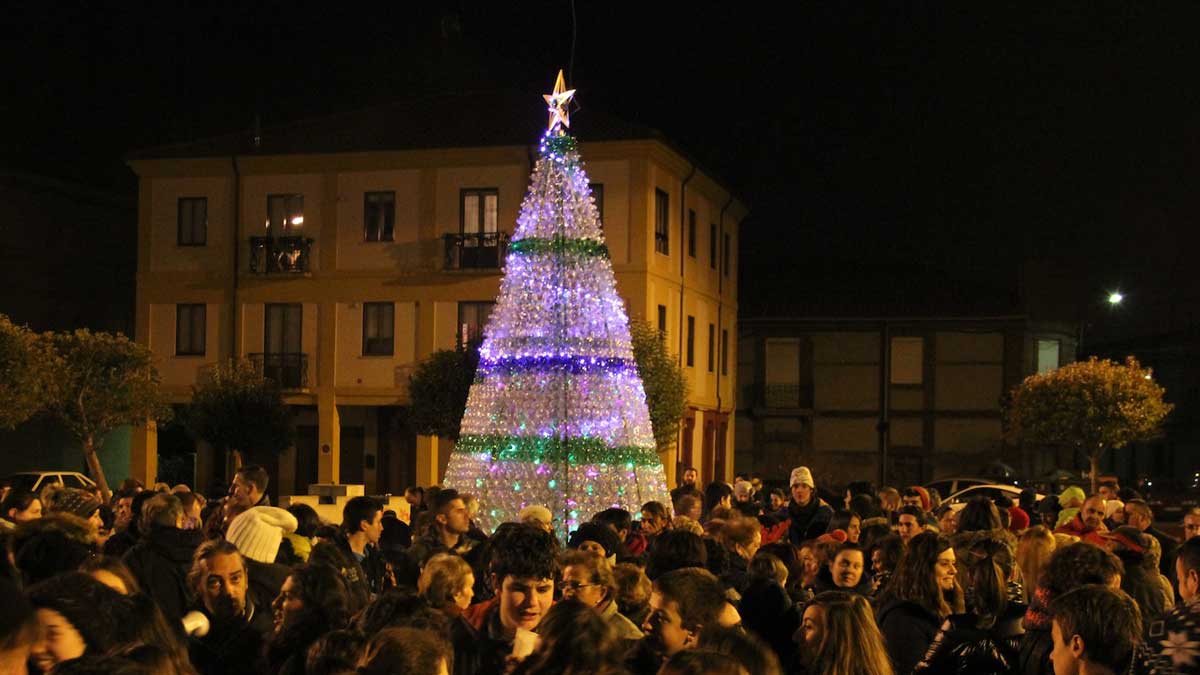 El árbol de Navidad ecológico de Veguellina de Órbigo elaborado con más de 1.600 botellas y vasos de plástico reciclados. | L.N.C.