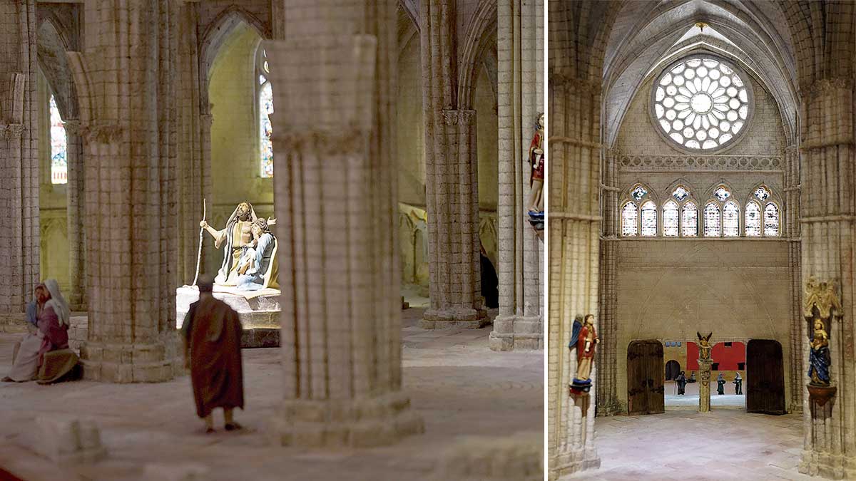 El belén monumental del Ayuntamiento de Valladolid ambienta muchas de sus escenas en la Catedral de León. | LETICIA PÉREZ (ICAL)