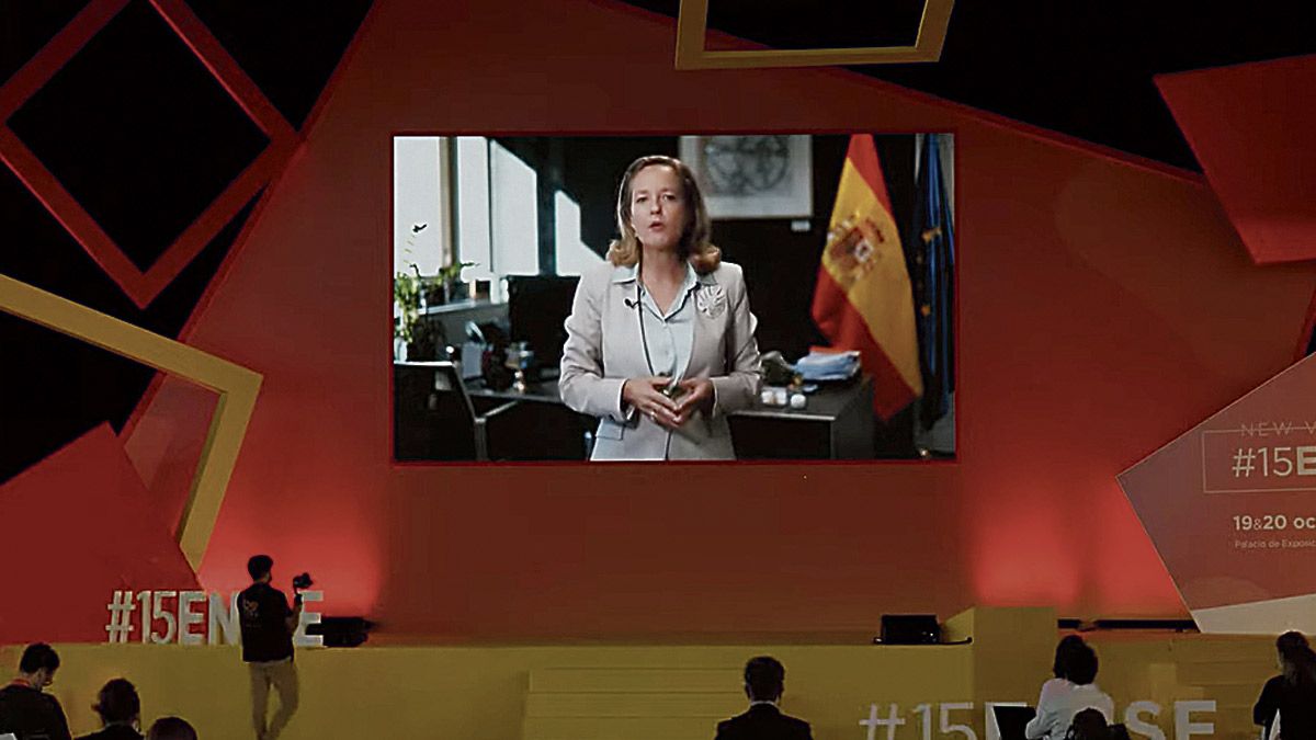 Nadia Calviño, durante su intervención telemática en el Enise. | L.N.C.