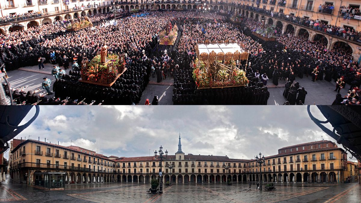 Comparación de la Plaza Mayor de León entre un Viernes Santo 'normal' y el de 2020. | ICAL