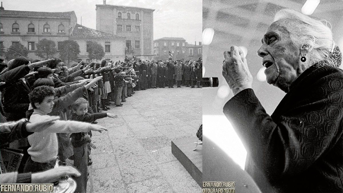 A la izquierda, actos religiosos en León por la muerte de Franco y a la derecha La Pasionaria en el mitin pronunciado en 1977. | FERNANDO RUBIO