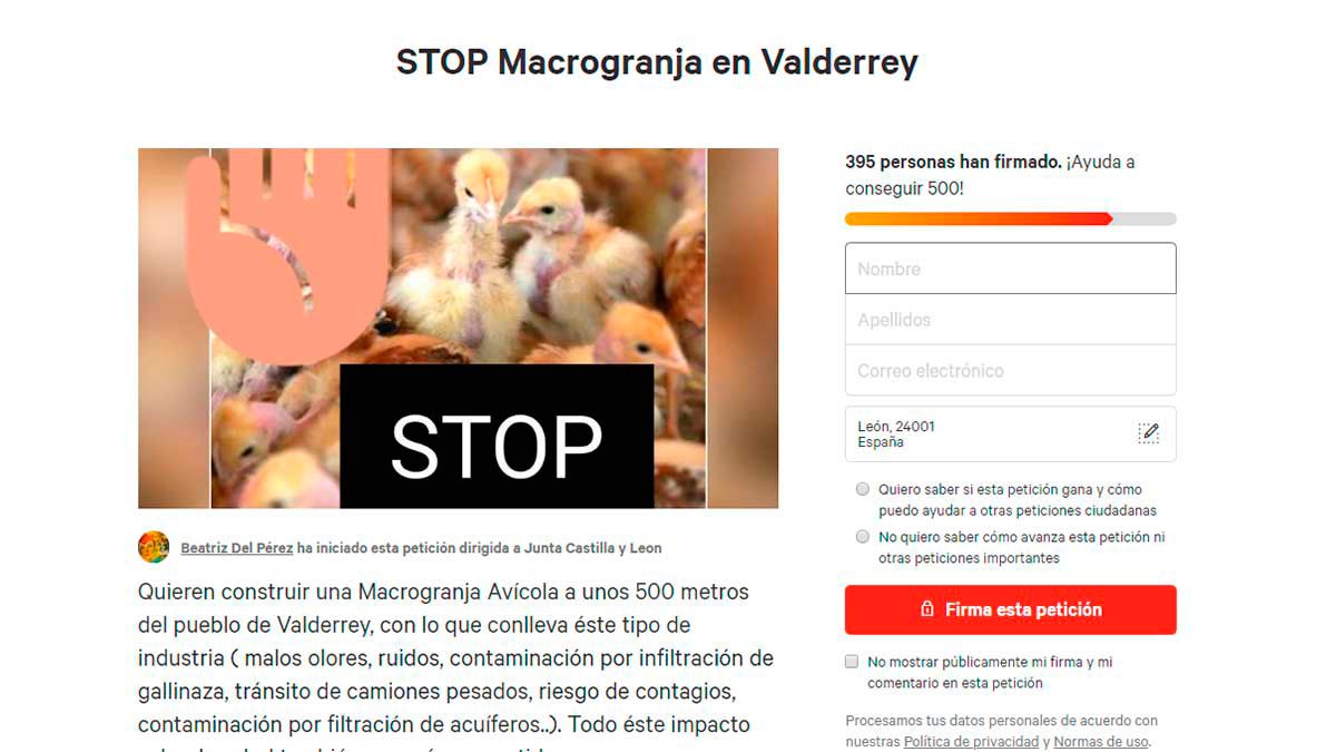 'Pantallazo' de la recogida de firmas contra la macrogranja de pollos proyectada en Valderrey. | L.NC.