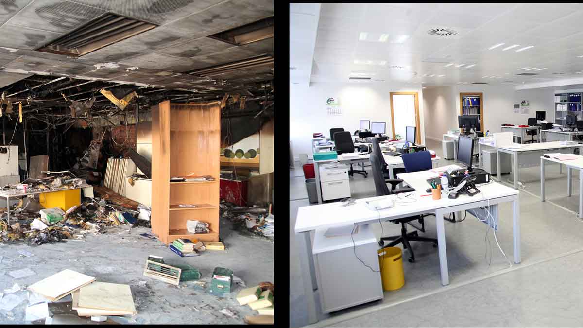 El estado en el que quedó el interior del edificio, la labores de reconstrucción y el resultado final, como luce actualmente. | REPORTAJE GRÁFICO: CÉSAR
