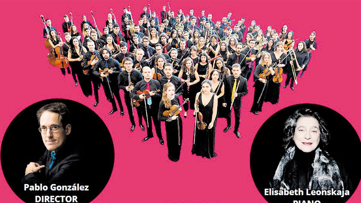 Los prometedores músicos de la Joven Orquesta Nacional de España y el círculo el director, Pablo González, y la pianista, Leonoskaja, de esta tarde.