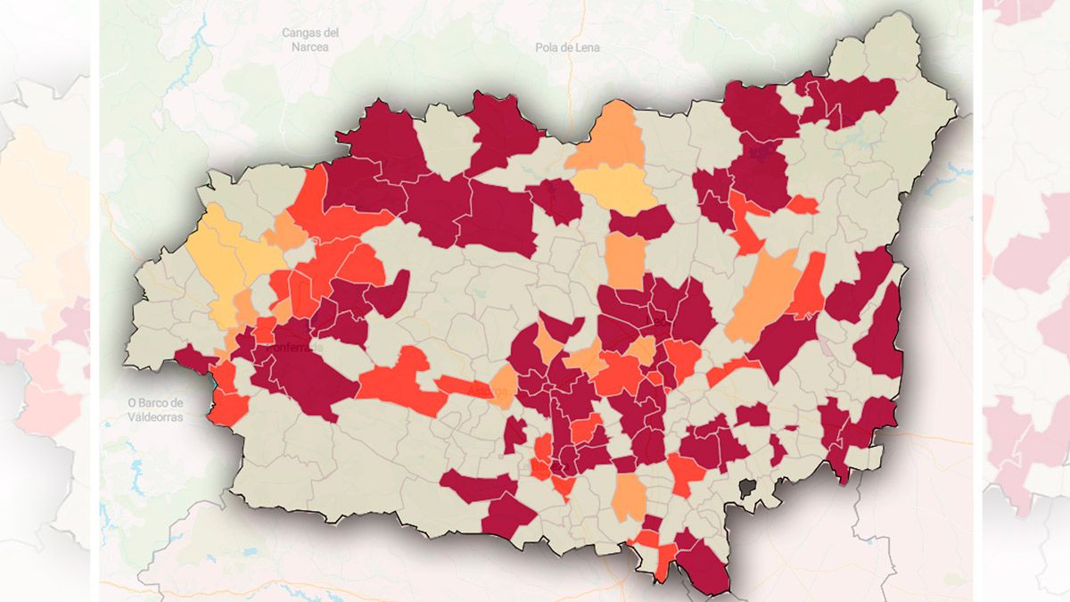 Mapa con la incidencia acumulada a 14 días en la provincia de León. | L.N.C.