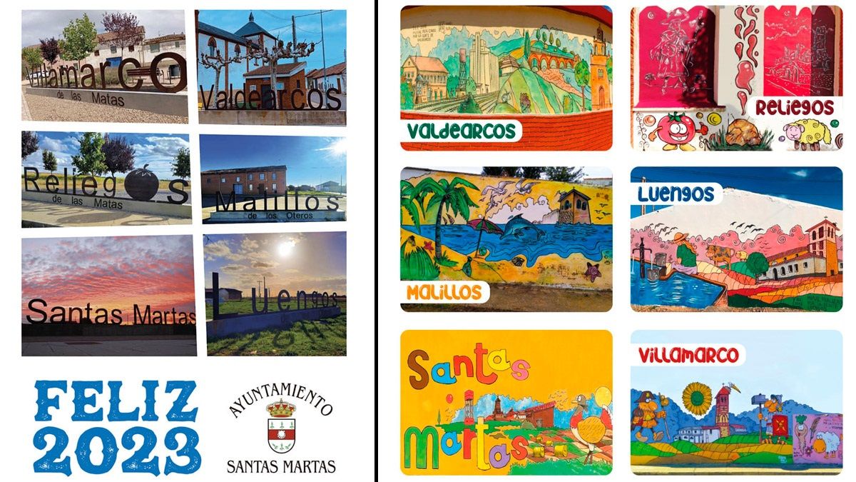 A la izquierda, la portada del calendario de 2023 de Santa Martas, y la derecha, los imanes con los murales. | L.N.C.