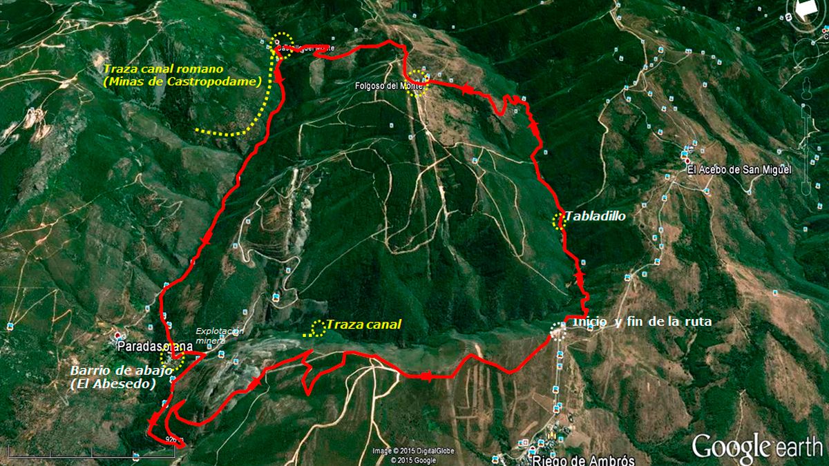 Ubicación de la ruta 'Por los despoblados del Monte Irago' en Google Earth.