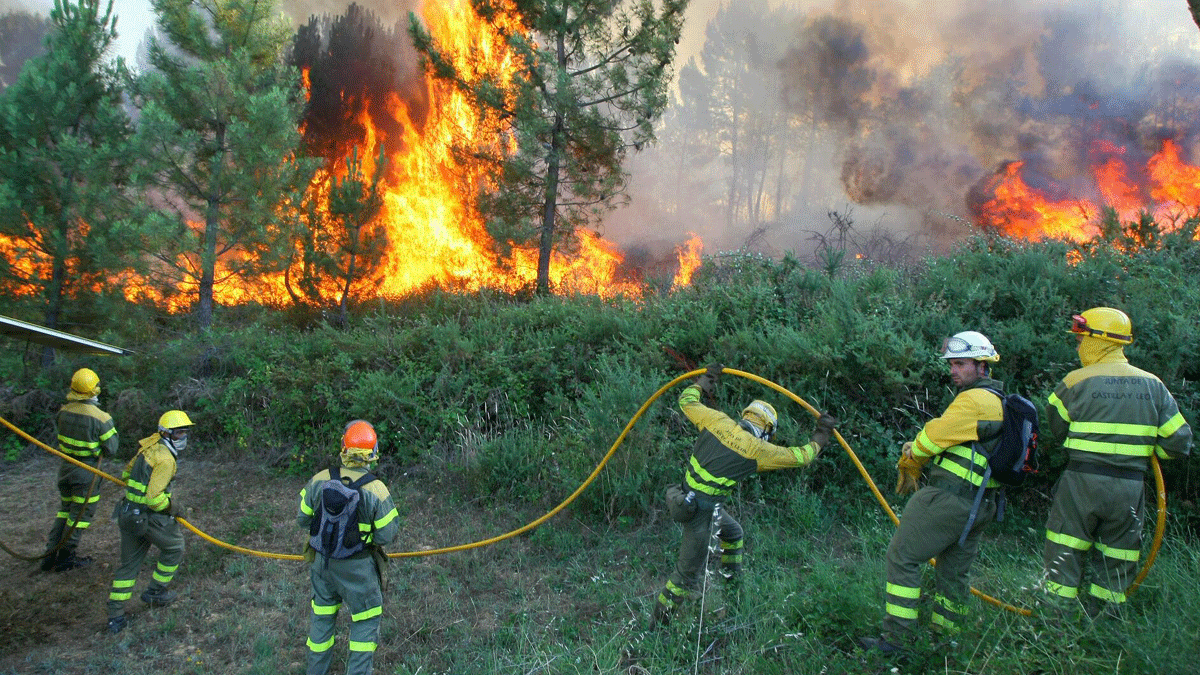 Las brigadas de extinción de incendios de la Junta intervinieron este martes en el fuego de Magaz. | César S´nchez (Ical)