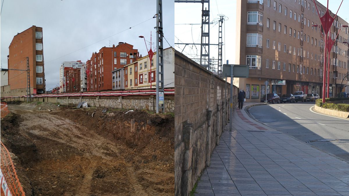 A la izquierda, la zona donde el AVE saldrá de nuevo a la superficie. A la derecha, la acera en el límite de León y San Andrés. | L.N.C.