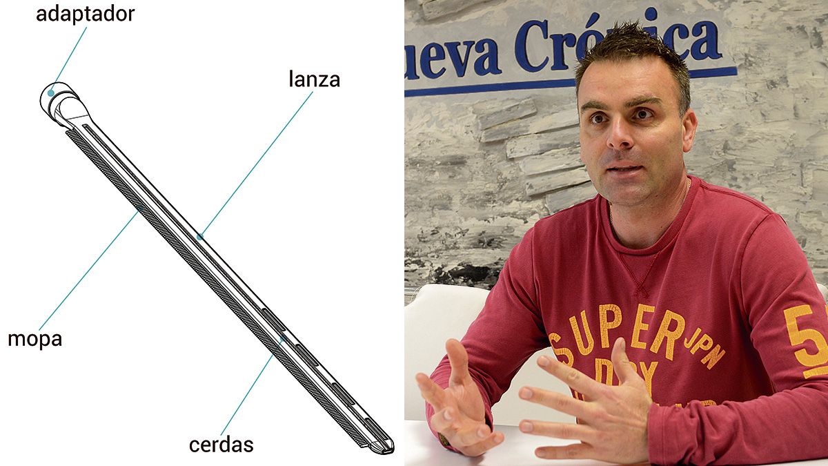 Imagen del prototipo de la ‘aspiramopa’ que figura en su patente y Roberto González, el 'inventor'. | L.N.C.