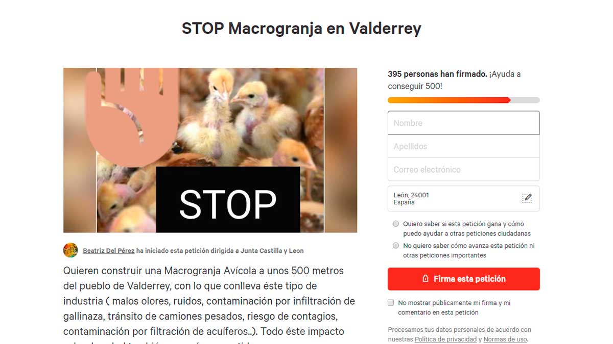 'Pantallazo' de la recogida de firmas contra la macrogranja de pollos proyectada en Valderrey. | L.NC.