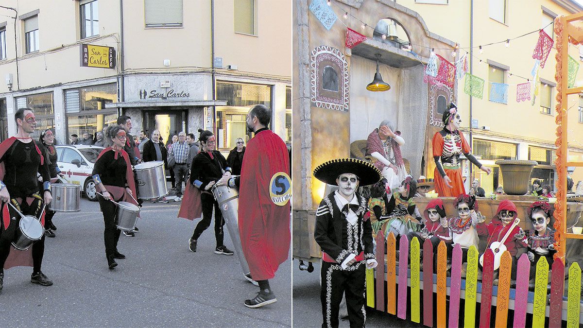 Los superhéroes tocando batucada pusieron la nota más musical y la magia de la película Coco, a escena en La Robla. | E. NIÑO