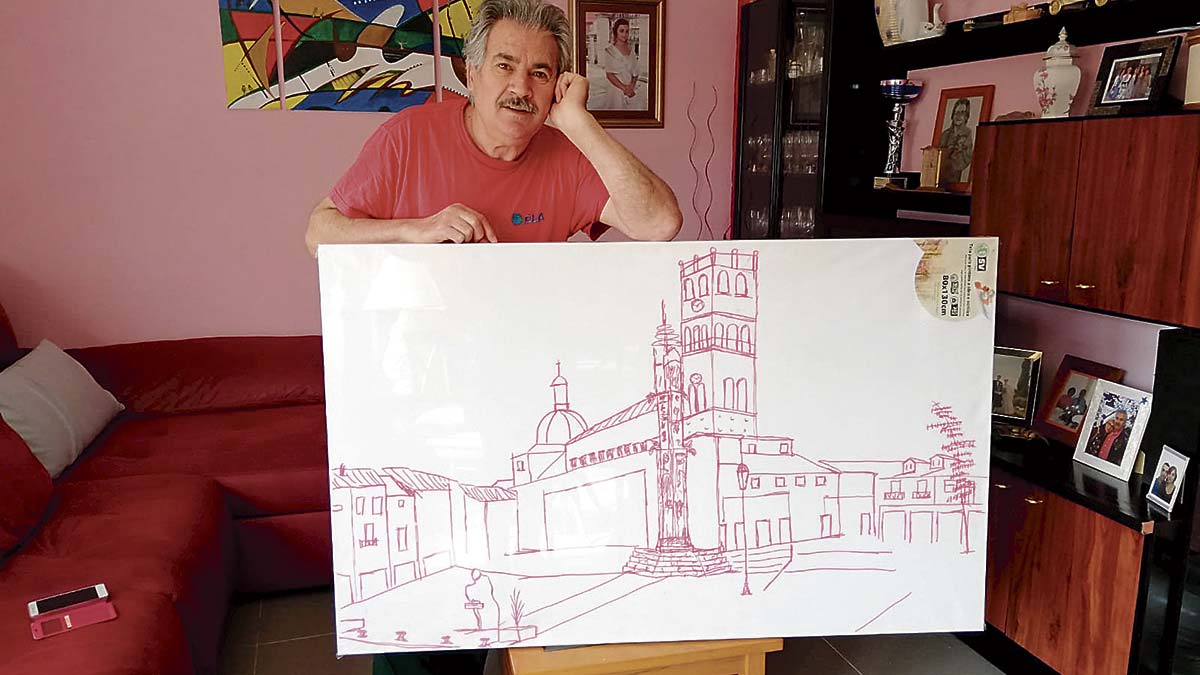 José Antonio Hidalgo Barreñada con el boceto del cuadro que acaba de empezar.