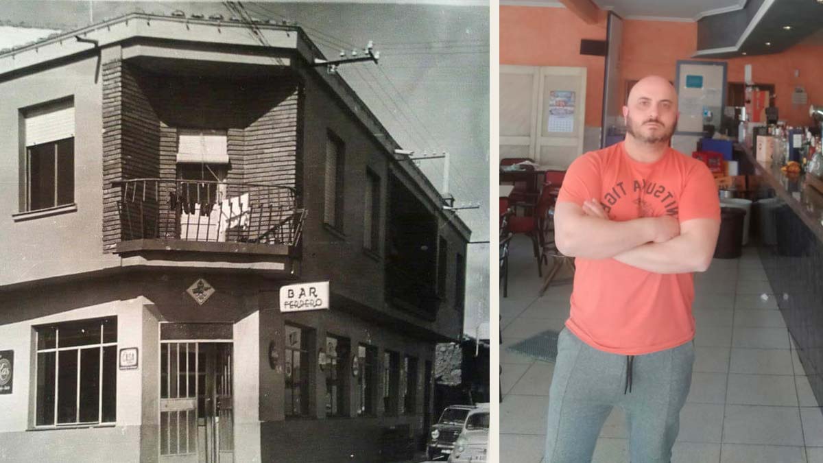 Álvaro Ferrero en su bar donde estos días toca limpieza general y una imagen de la fachada del mismo de finales de los 60. | L.N.C.