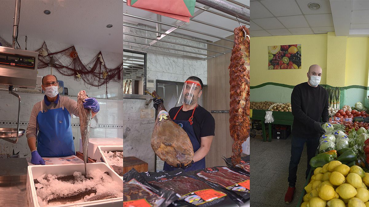 Miguel en su pescadería, Juanjo en la carnicería y David en la frutería. | MAURICIO PEÑA