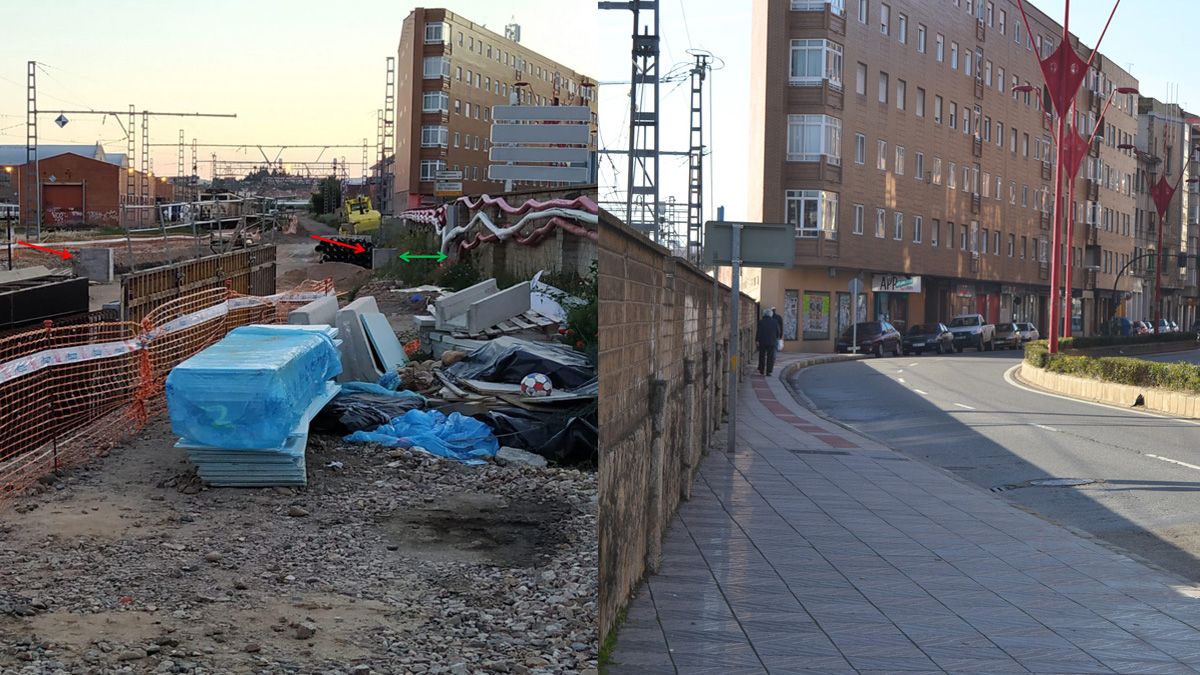 A la izquierda, zona donde el AVE sale a la superficie con los postes de la catenaria marcados. A la derecha, 'la acera de los funambulistas'. A la izquierda, zona donde el AVE sale a la superficie con los postes de la catenaria marcados. A la derecha, 'la acera de los funambulistas'.