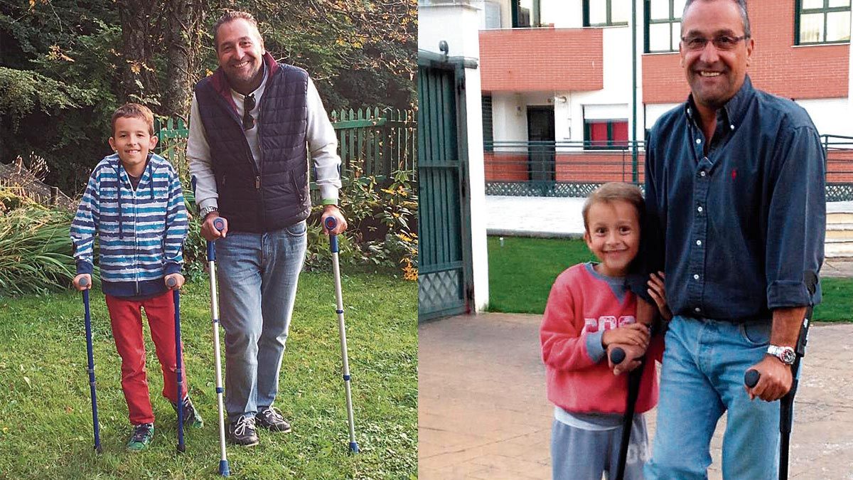 Juan y Javier Díez Reyero, los dos escayolados de la misma pierna, uno en Suiza y otro en León y con sus hijos, que nacieron el 5 de abril los dos..