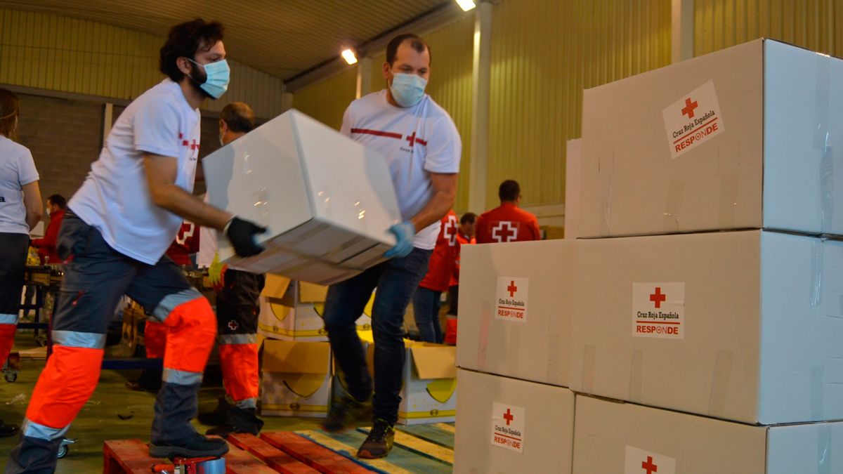 Varios voluntarios de Cruz Roja preparan lotes de alimentos para entregarlos posteriormente a los necesitados. | L.N.C.