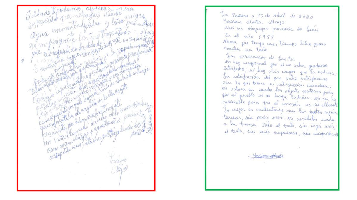 Dos muestras de escritura que forman parte del estudio; la de la izquierda es la de una persona con Alzhéimer. | L.N.C.