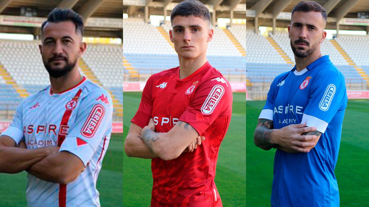 Rodas, Montes y Dioni posan con las tres camisetas de la Cultural en la presente temporada. | CYD