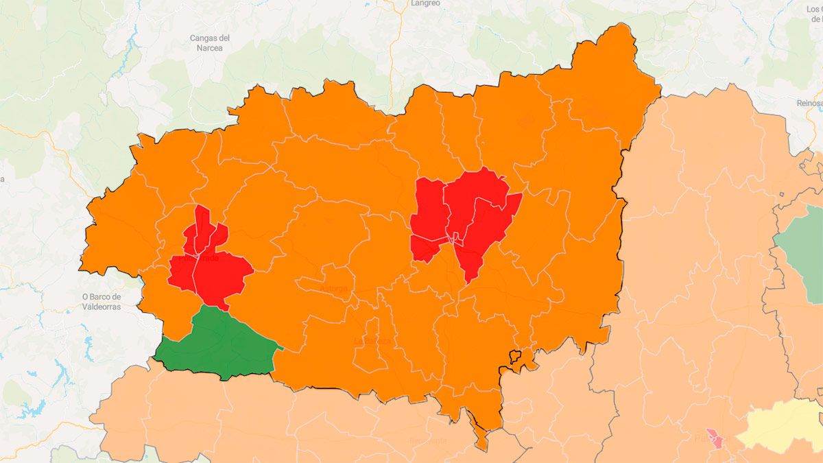 El mapa epidemiológico de la Junta muestra a Truchas en verde y todas las demás en naranja, excepto las zonas básicas de León, San Andrés y Ponferrada. |  L.N.C.