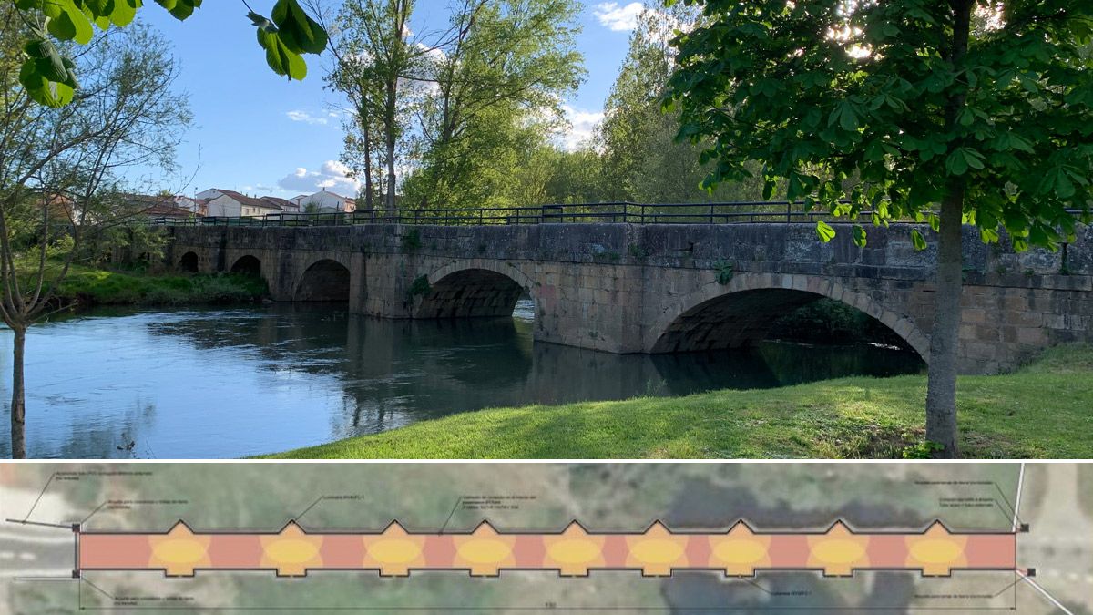 Puente medieval de Almanza y el plano de la actuación. | L.N.C.