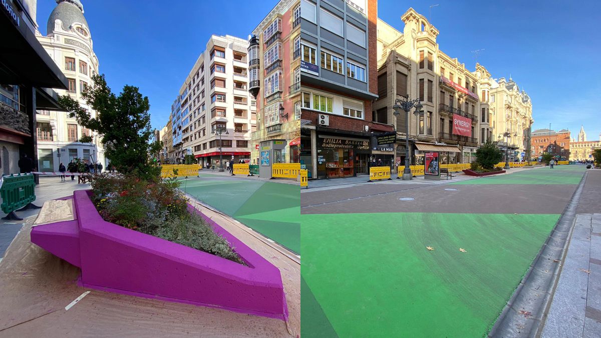 Los operarios han pintado las jardineras de varios colores al mismo tiempo que aparecían las primeras marcas en la calzada. | SAÚL ARÉN