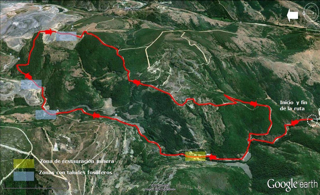 Ubicación de la ruta "Un paseo por el Carbonífero berciano: por los bosques y lagunas del Estefaniense de Igüeña y Tremor" en Google Earth.