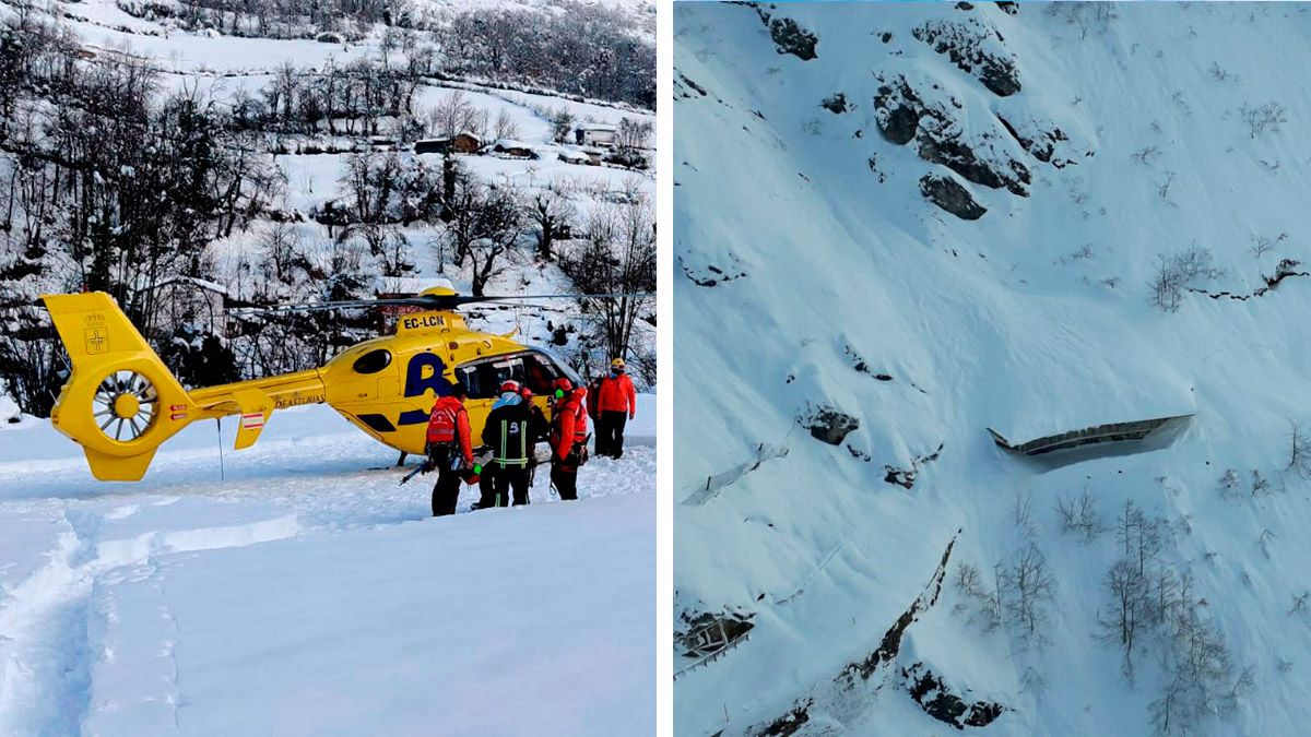 A la izquierda el helicóptero de los Bomberos del Principado, a la derecha una de las imágenes tomadas de la carretera en la que se avalanzó el alud. | SEPA