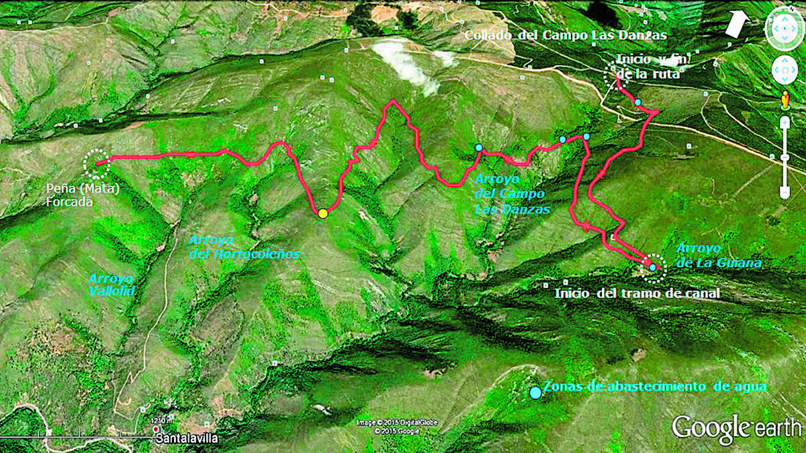 Ubicación de la ruta ‘Canal romano nº 5: Del Campo de las Danzas a Peña Forcada’ en Google Earth.