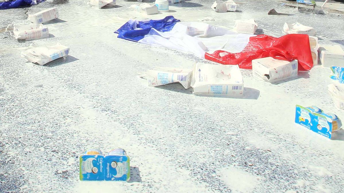 La Alianza UPA-COAG y Urcacyl inicia sus movilizaciones en defensa del sector lácteo. En la imagen, tiran leche francesa frente al hipermercado Carrefour. | ICAL
