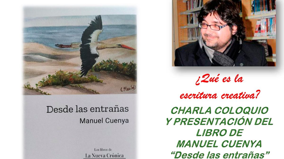 Portada del nuevo libro de Cuenya y el anuncio de su charla.