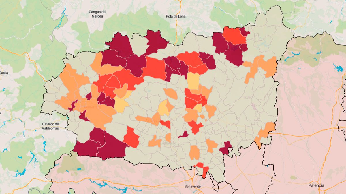 Mapa de los municipios en riesgo alto o muy alto en la provincia de León. | L.N.C.