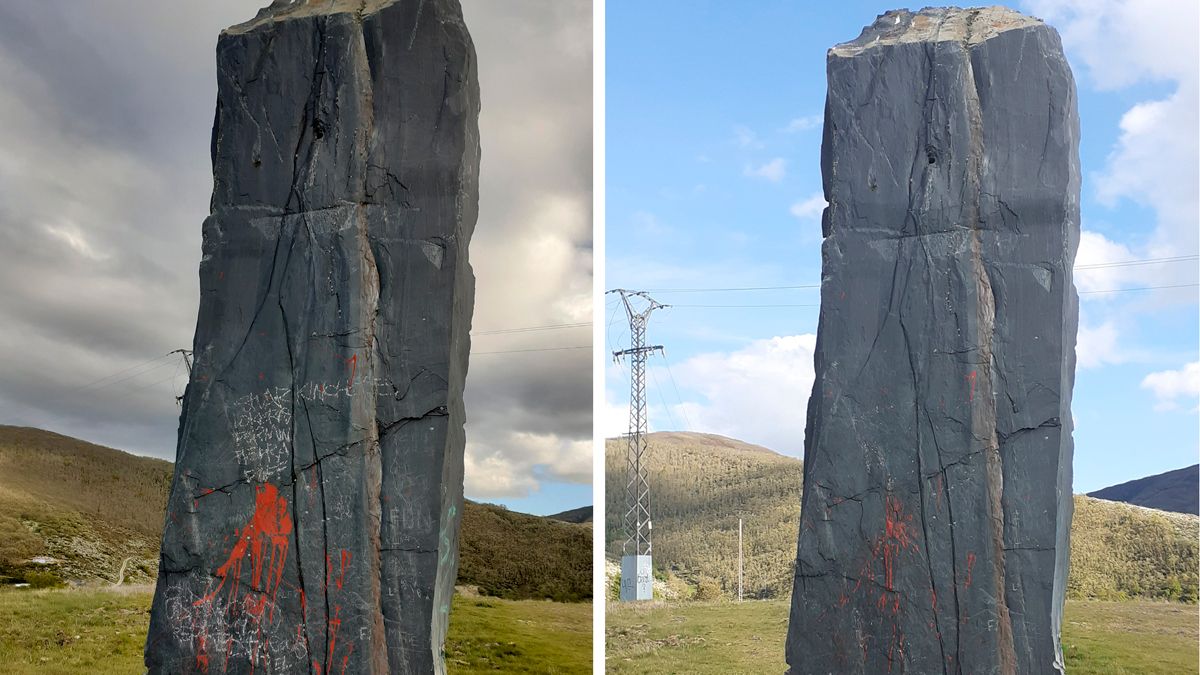 Antes y después de la actuación de limpieza realizada en el monolito.