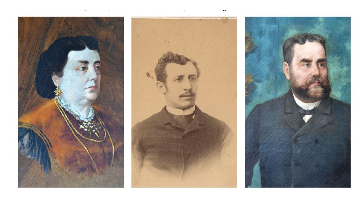 El pintor, entre dos retratos que hizo a sus mecenas, Teresa Mancebo y Paciano Ucieda.