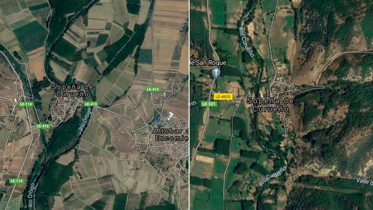 Capturas de pantalla de las 'dos' Sopeña de Curueño de Google Maps. | G.M.