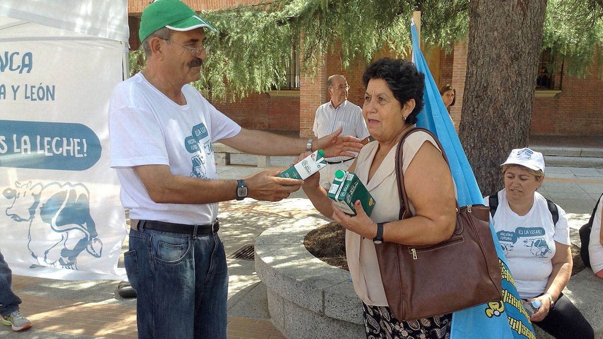 Algunos de los participantes en la Marcha de la leche, regalan el producto a su llegada a la localidad de las Rozas, donde finaliza la etapa de este jueves.| JUAN LÁZARO (ICAL)