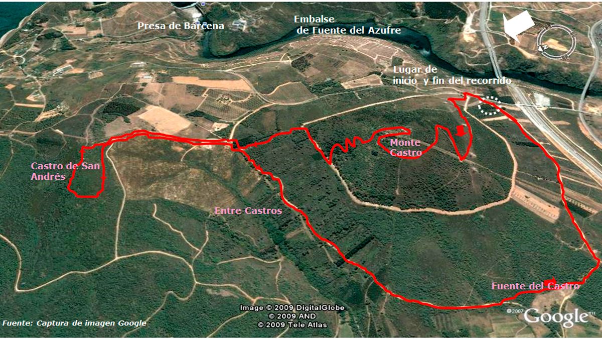 Ubicación de la ruta "Un paseo entre Castros" en Google Earth.