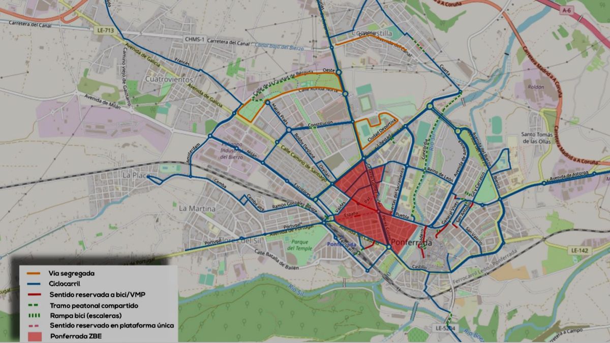 Plano de la Ponferrada con los ciclocarriles y demás estructuras del proyecto 4.0. Plano de la Ponferrada con los ciclocarriles y demás estructuras del proyecto 4.0.