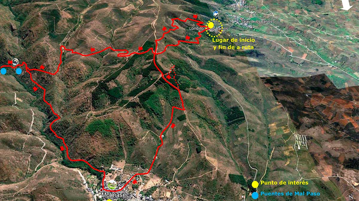 Ubicación de la ruta de senderismo ‘Las Puentes de Mal Paso’, en Google Earth.