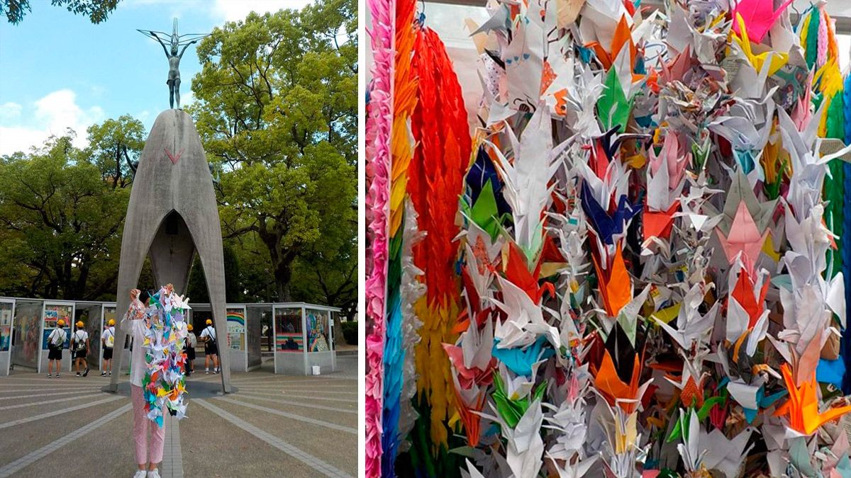 Las grullas realizadas por los alumnos en el Monumento de la Paz. | L.N.C.