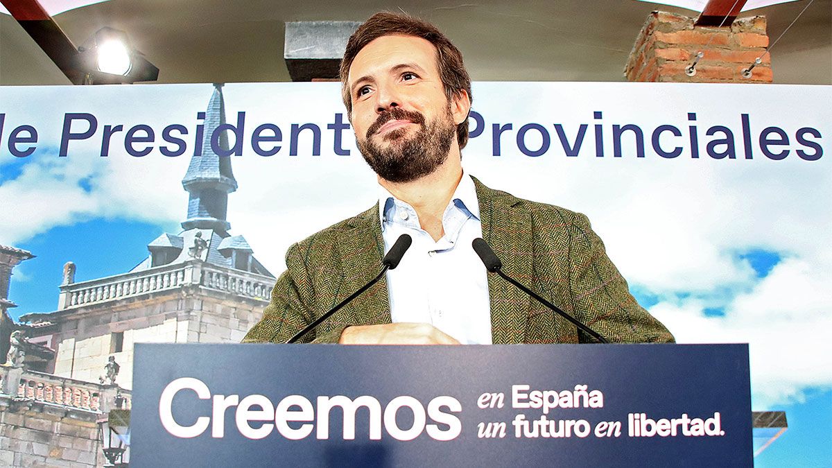 El presidente del Partido Popular, Pablo Casado, durante su intervención de este sábado en Botines. | ICAL