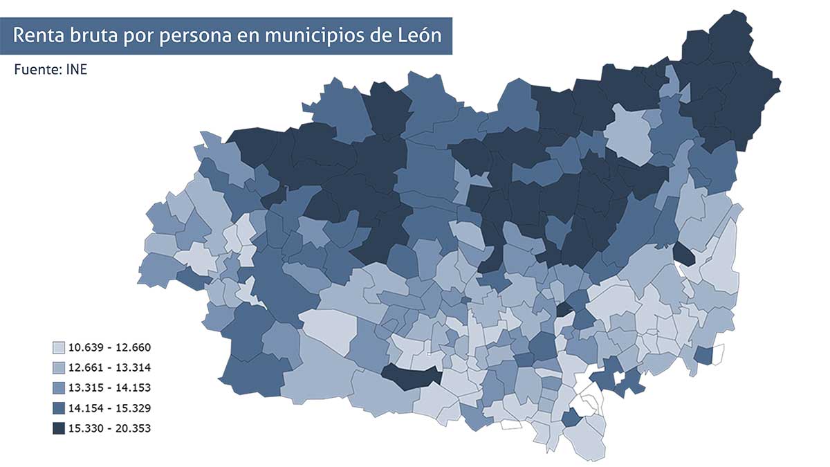 Mapa con la renta bruta media por persona en los municipios de León. | L.N.C.