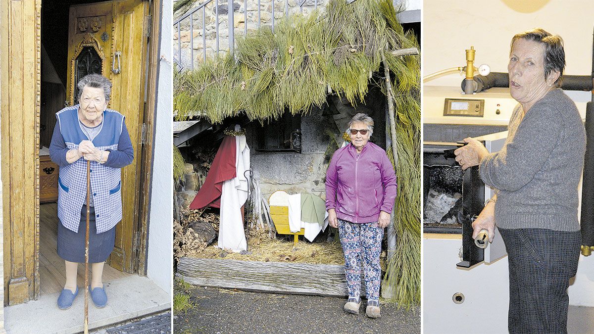 Enriqueta, casi centenaria, Carmen Reyero en el nacimiento y Maribel con la caldera de fuego invertido. | F. Fernández