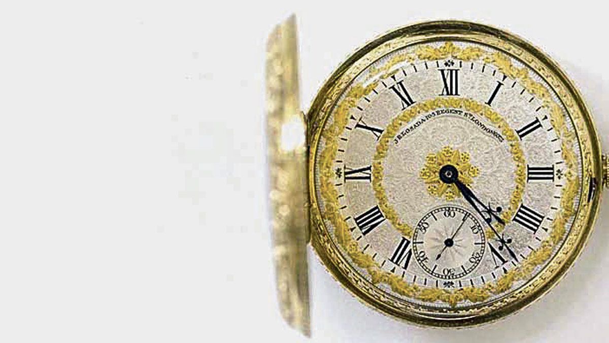 eloj saboneta abierto. José Rodríguez Losada, Londres, hacia 1846. Oro grabado (caja) y aleación metálica labrada. | MUSEEO NACIONAL DE ARTES DECORATIVAS