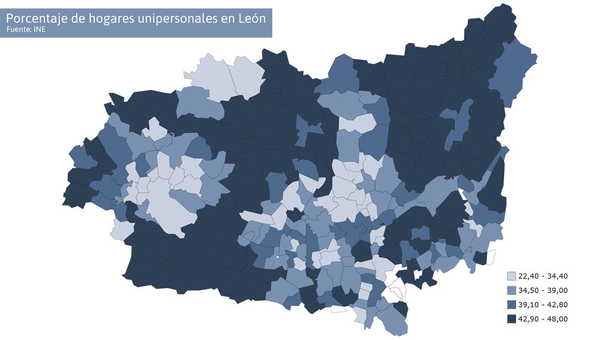 Mapa con el porcentaje de hogares unipersonales en la provincia de León. | L.N.C.