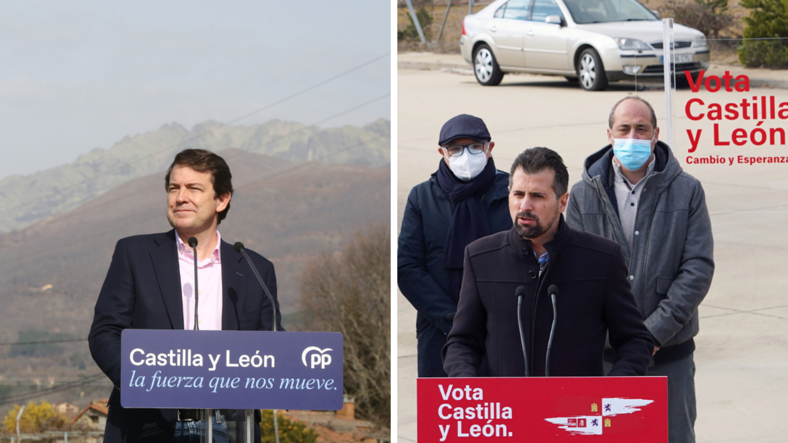 Alfonso Fernández Mañueco, en un acto en Candeleda (Ávila), y Luis Tudanca en Duruelo de la Sierra (Soria). | ICAL