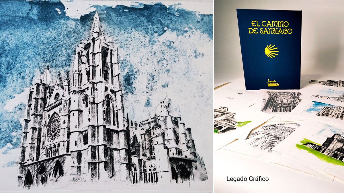 El grabado dedicado a la Catedral de León en ‘El Camino de Santiago’, obra de la artista m.e.santiso. | L.G. El grabado dedicado a la Catedral de León en ‘El Camino de Santiago’, obra de la artista m.e.santiso. | L.G.